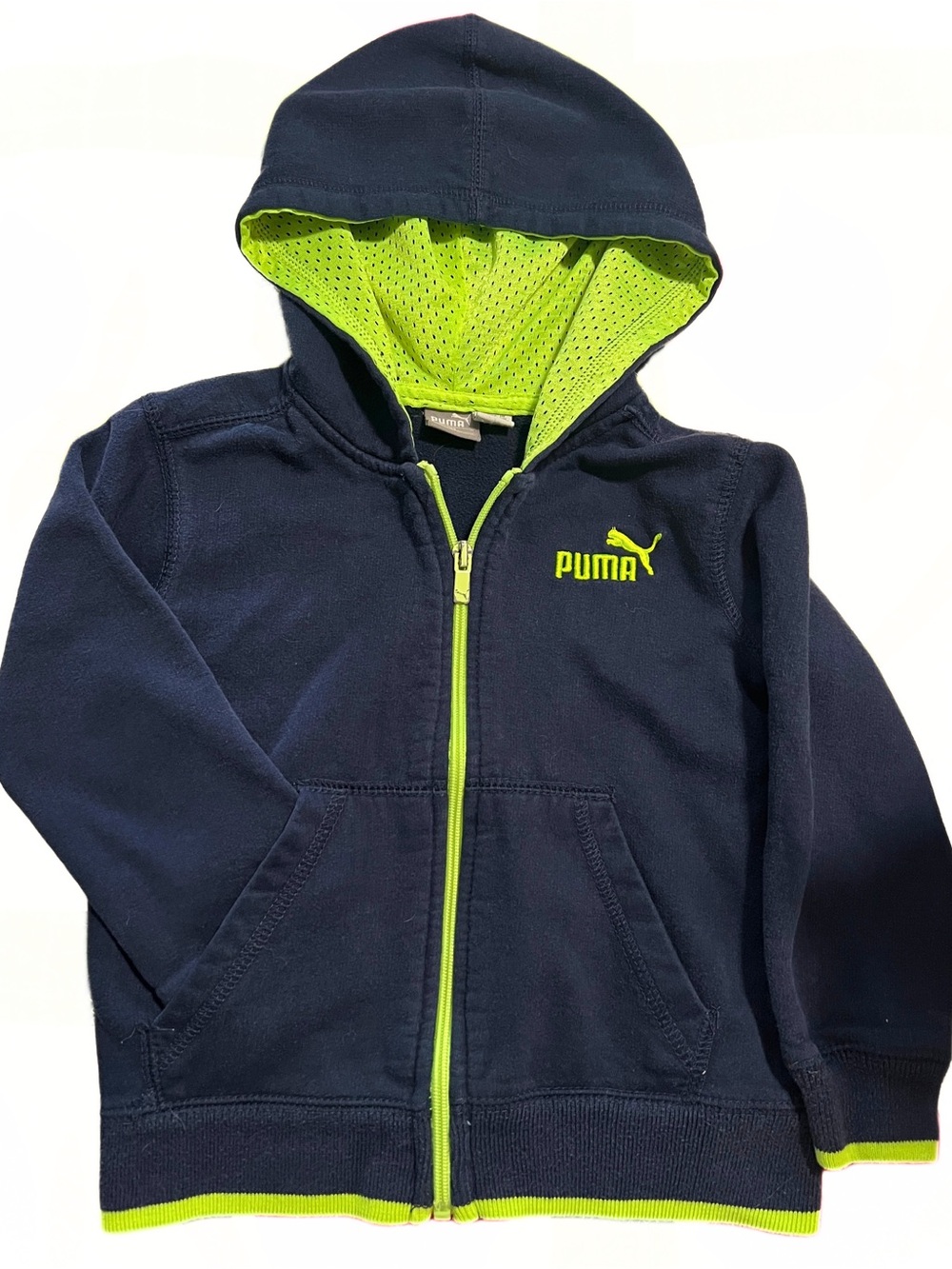 Puma Boys Navy Zip-Up Hoodie with Neon Green Trim